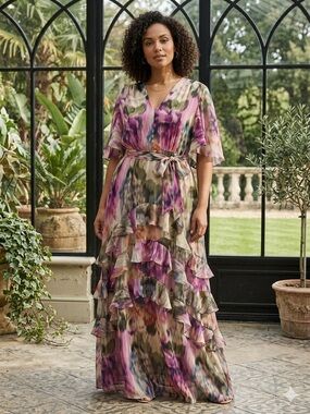 Tie-Dye V-Neck Ruffle Tier Maxi Dress - Pink Multi